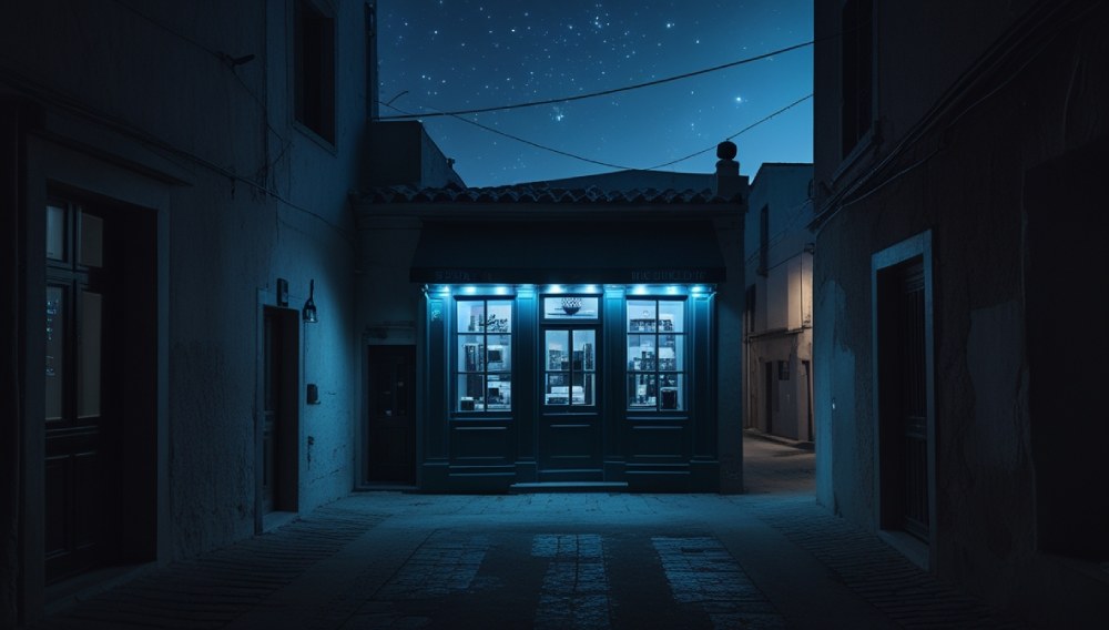 Une enseigne allumée dans une ruelle vide