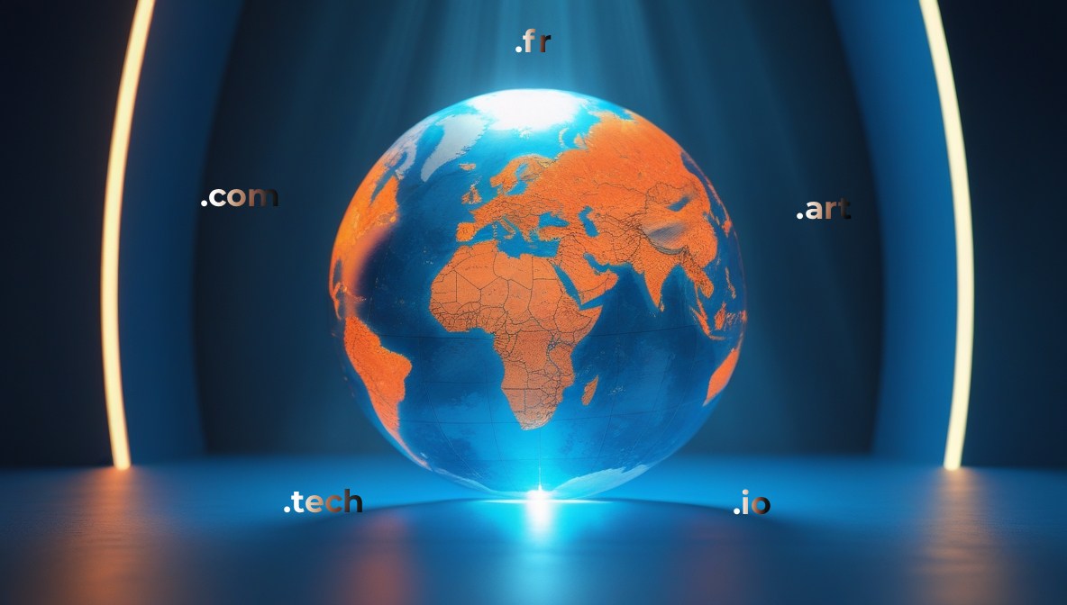 Globe terrestre entouré de noms d'extensions de noms de domaines