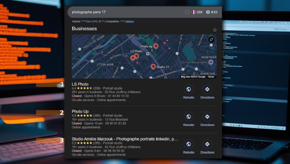 carte google maps avec les trois premières fiches d'une recherche